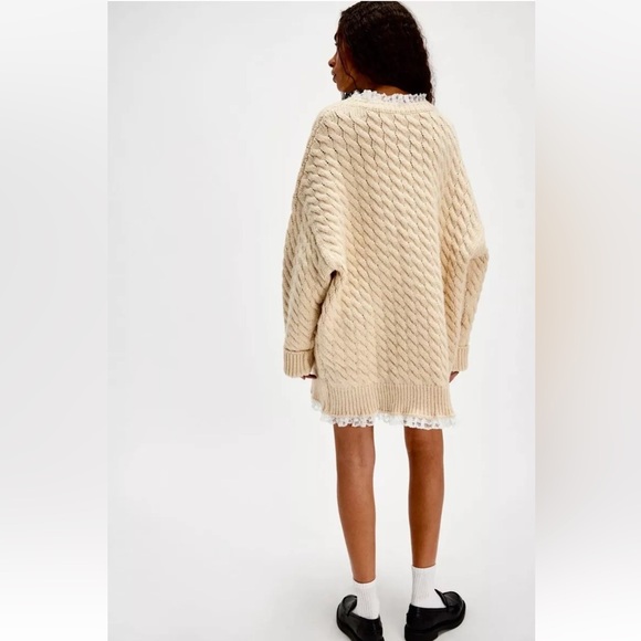 Free People For Love & Lemons Milana Sweater Dress Cable Knit Lace Cream Ivory - Picture 3 of 7